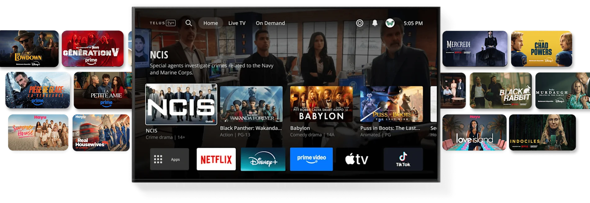Un écran de télévision sur un fond d’affiches d’émissions et de films populaires. Les logos de Netflix, Disney+, Prime et Apple TV+ s’affichent à l’écran.