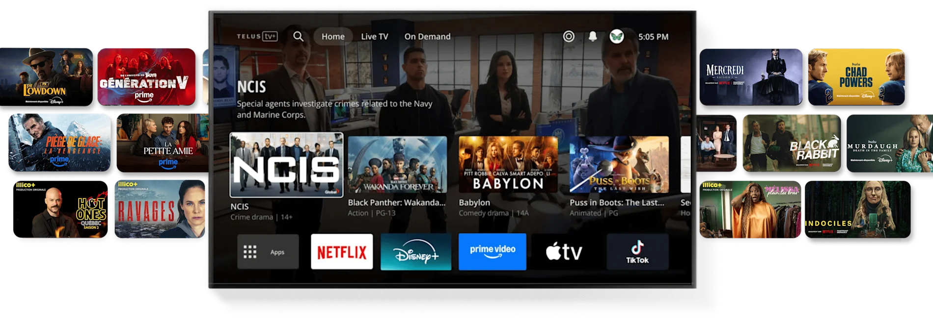 An image showing a TV screen with various streaming apps and shows. Popular TV series posters are also shown in the background.