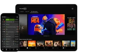 Smartphone and tablet displaying the Telus TV+ app interface with live TV channel listings on the phone and "On Demand" movie selections, featuring Despicable Me 4, on the tablet screen.