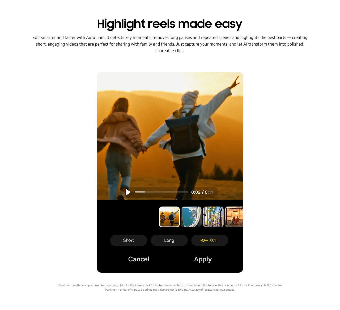 Samsung Auto Trim video editing feature showing smartphone interface with sunset scene of two people, displaying Short/Long editing options, and timeline controls for AI-powered automatic video highlight creation.