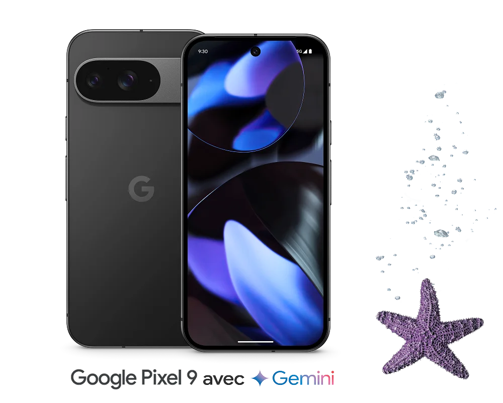 Vue de face et de dos d’un Google Pixel 9 en gris foncé avec une barre d’appareil photo ainsi qu’un écran d’affichage bleu/noir, plus la marque Gemini.