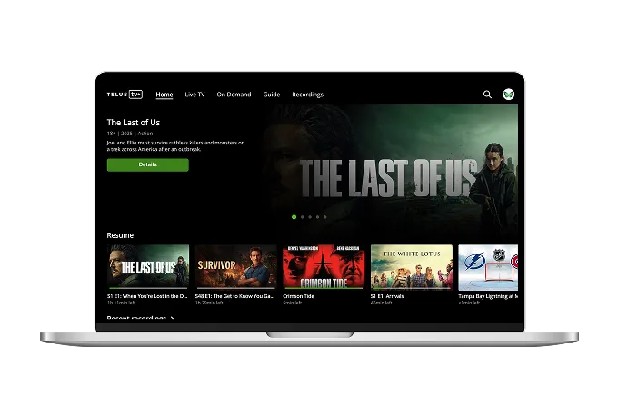 A laptop displaying the TELUS TV+ app home screen.