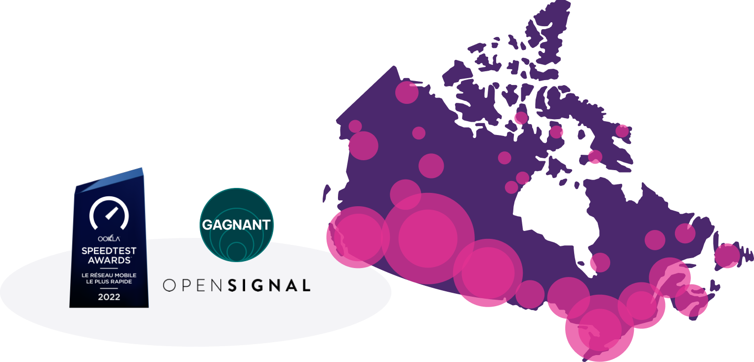 Un prix Ookla Speedtest et un prix Opensignal avec une carte du Canada indiquant les zones couvertes par le réseau 5G de TELUS.