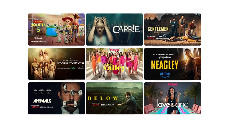Grille de 9 affiches de divertissement en français présentant des émissions et des films disponibles sur diverses plateformes de diffusion en continu.