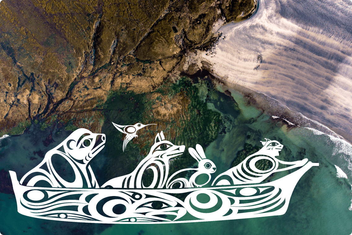 Indigenous artwork superimposed over an aerial view photo of Nootka Island, B.C.