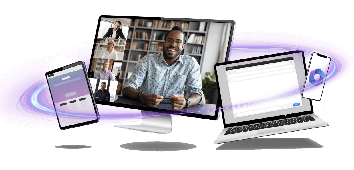 A laptop, phone, and tablet arranged on a purple background, showcasing modern technology in a vibrant setting.