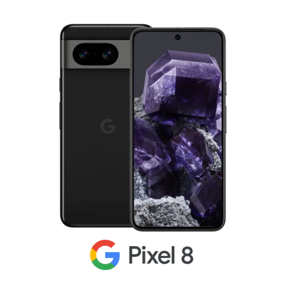 Avant et arrière du Google Pixel 8 en Noir volcanique, au-dessus du logo Google Pixel 8.