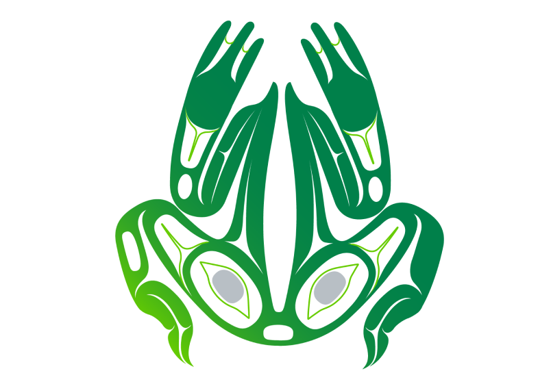 Œuvre d’art autochtone représentant une grenouille verte et blanche, ou Hlk’yan k’uustaany, qui orne souvent les totems