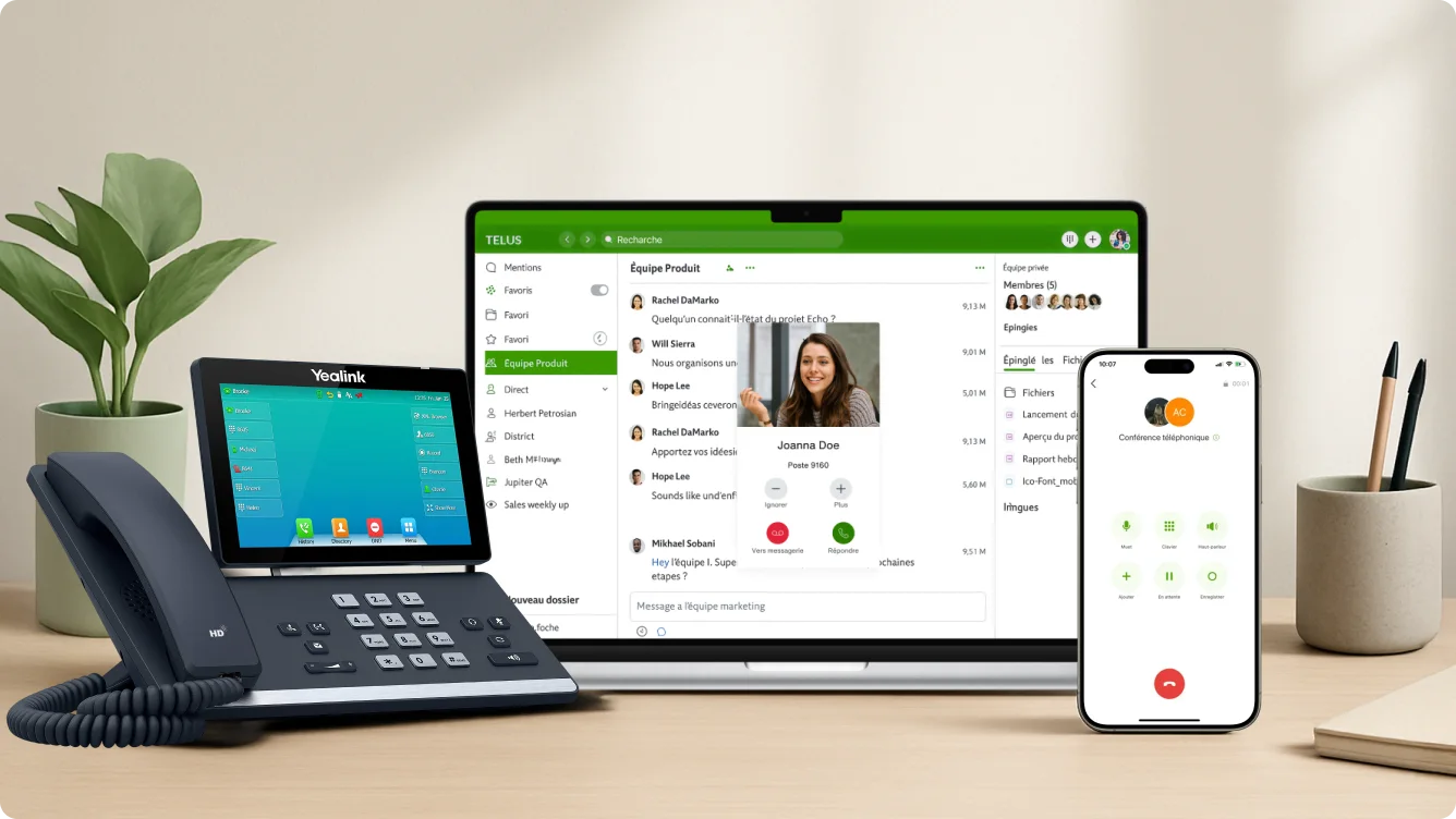 Configuration de TELUS Business Connect montrant un téléphone de bureau, un portable avec interface de messagerie d’équipe et un téléphone intelligent avec un écran d’appel actif.