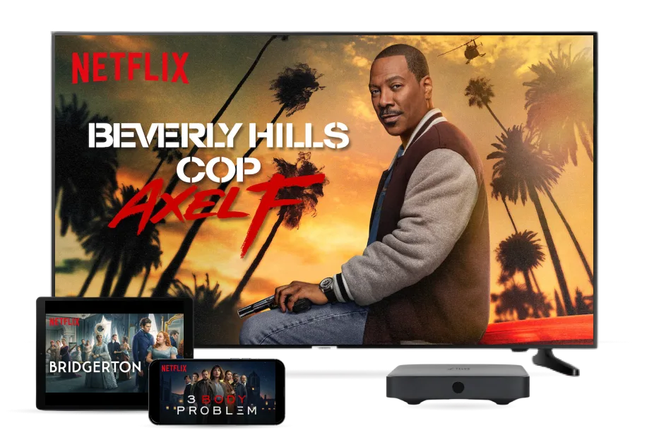 An image showing Netflix series on three different devices: Beverly Hills copy on 4k TV, Bridgerton on tablet and 3 Body Problem on mobile.