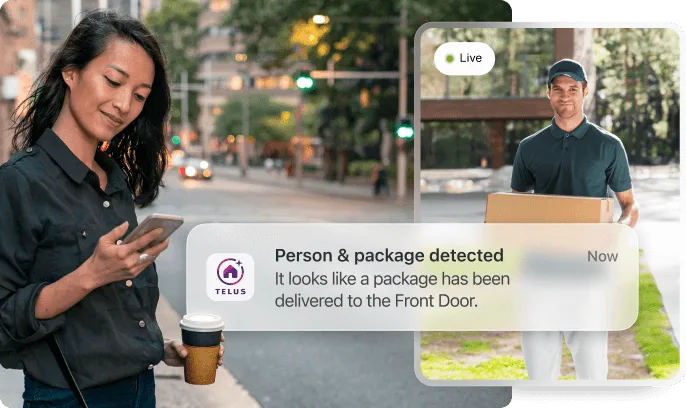 Une femme en déplacement regarde l’appli TELUS MC+ affichant une notification qui signale la présence à sa porte d’une personne avec un colis. Une vidéo en direct de la livraison du colis et l’icône Version bêta exclusive de TELUS sont également visibles.