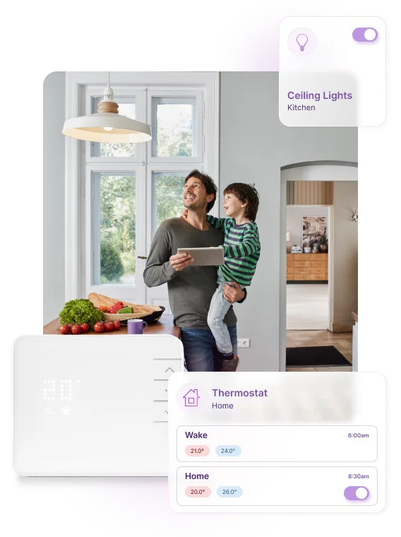 A father and son hold a tablet, shown alongside a smart thermostat and icons showcasing how to control temperature and lights from an app.