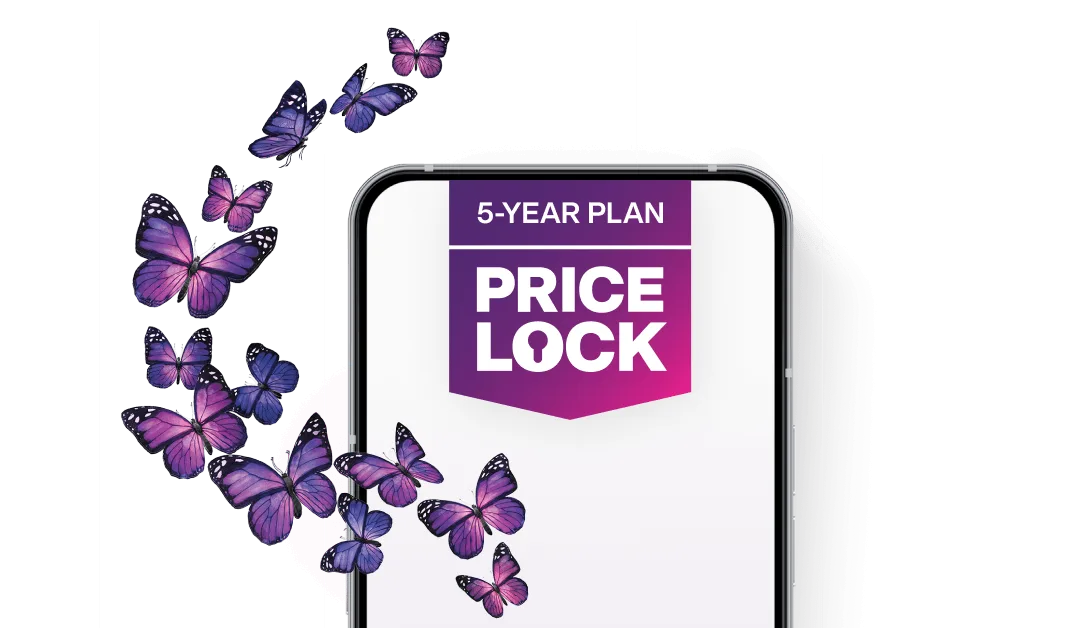 A TELUS smartphone graphic featuring a purple banner that reads "5-YEAR PLAN PRICE LOCK" surrounded by purple butterflies.