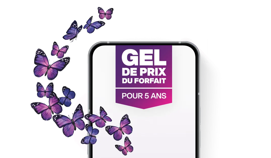 Graphique d’un téléphone intelligent TELUS présentant une bannière mauve avec l’inscription « GEL DE PRIX DU FORFAIT POUR 5 ANS » entourée de papillons mauves.