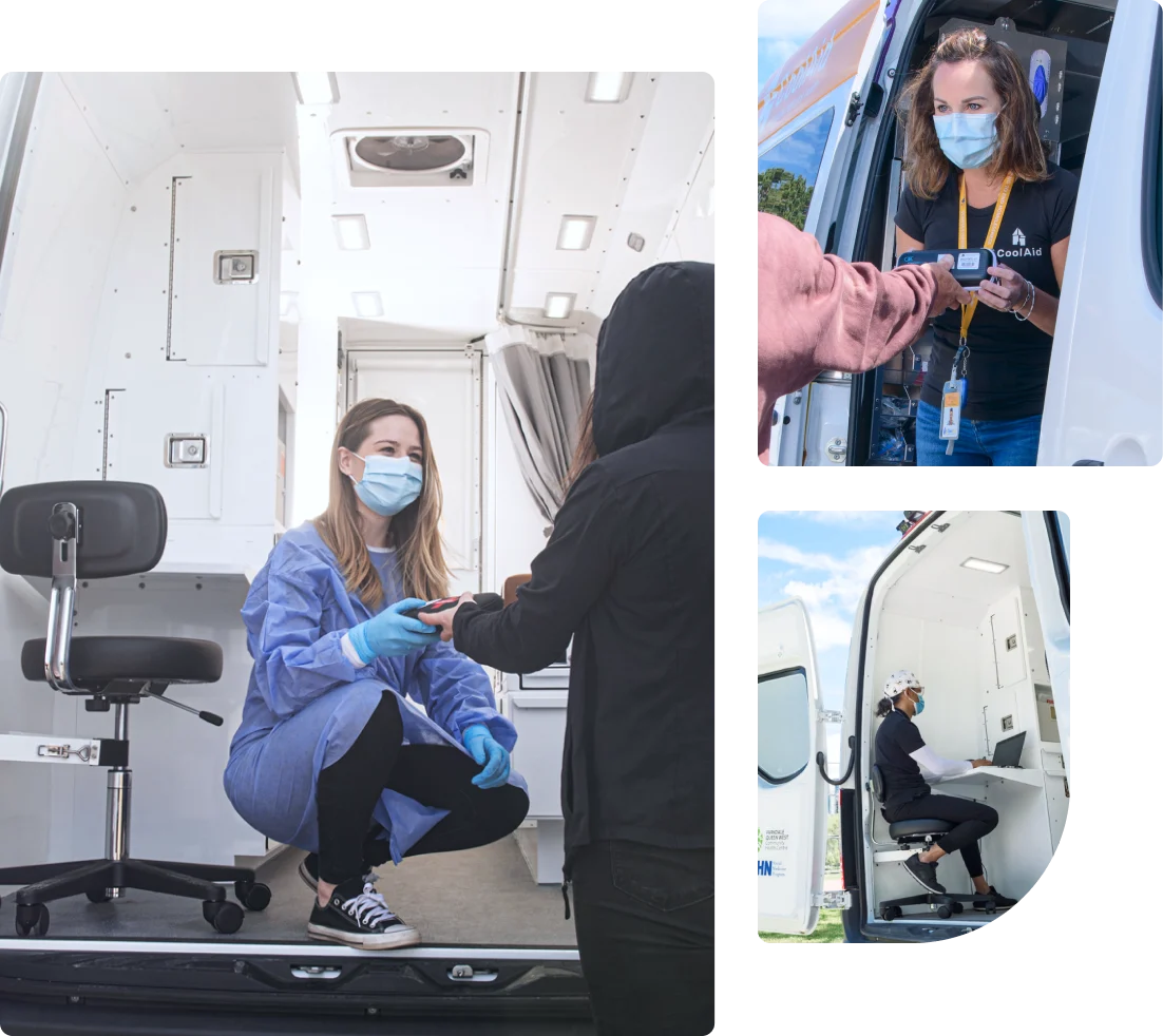 An image collage: Three photos of TELUS Mobile Health Clinic team members administering care from within one of their vehicles