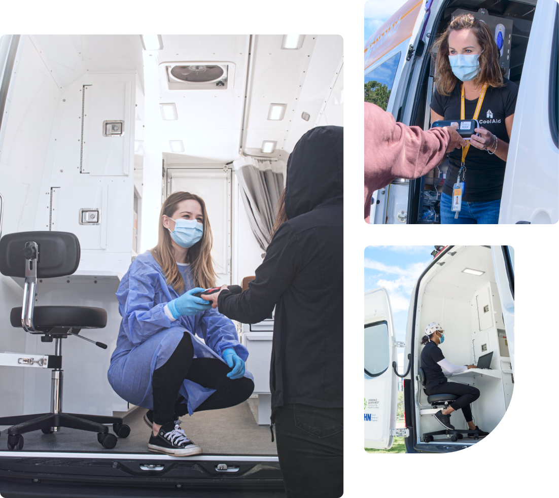 An image collage: Three photos of TELUS Mobile Health Clinic team members administering care from within one of their vehicles