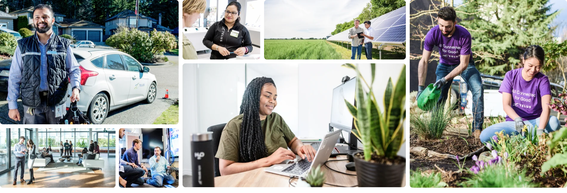A collage of TELUS team members at work, in the field and volunteering