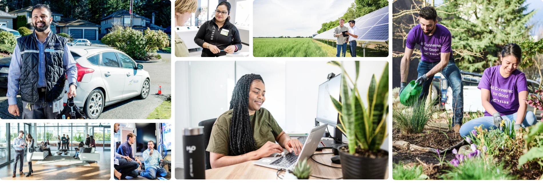 Collage de membres de l’équipe TELUS au travail, sur le terrain, et faisant du bénévolat