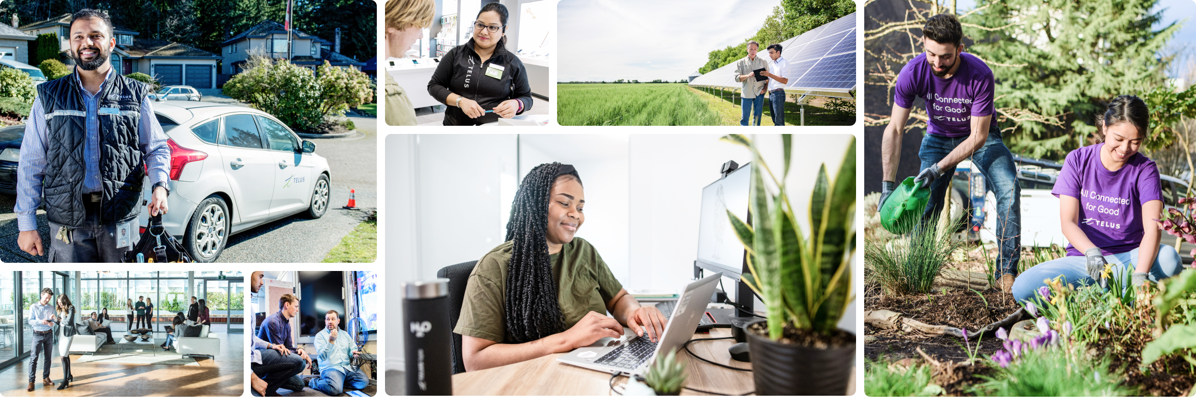 A collage of TELUS team members at work, in the field and volunteering