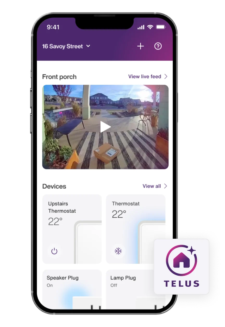 Mobile phone connected to a control panel through the TELUS SmartHome+ app.