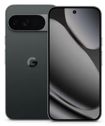 Front and back view of Pixel 10 Pro XL in Obsidian.