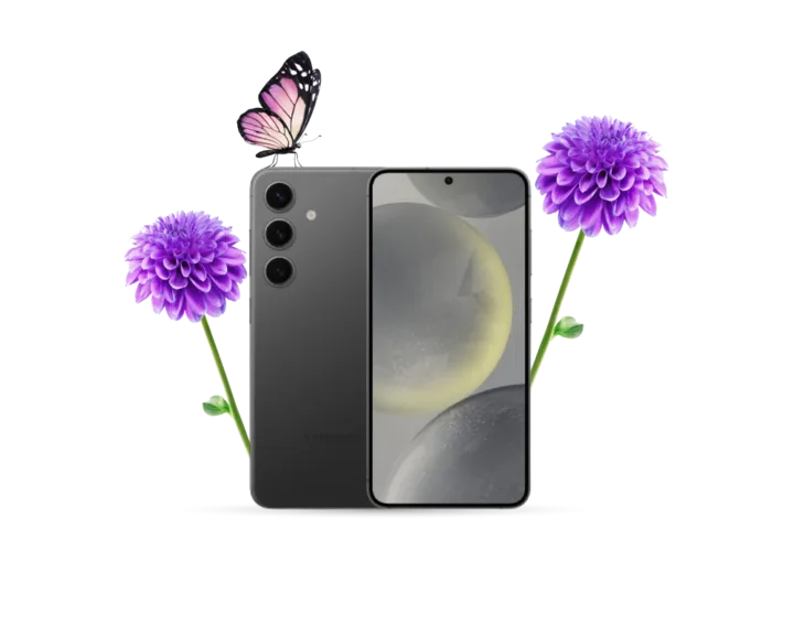 A Samsung Galaxy phone in Onyx Black is shown from the front and back. Vibrant purple dahlias flank its sides, and a butterfly rests on the phone. 
