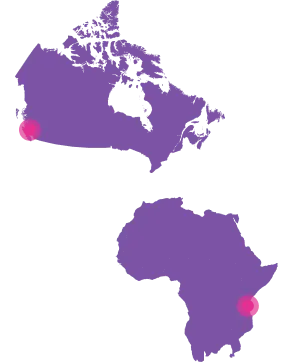 A map with the United States and Africa with pins on Hotham Sound Canada and Mbuguni Kenya