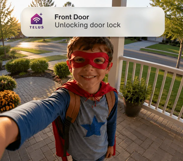 A child wearing a superhero mask rings a doorbell camera. An app alert reads: ”Door lock - Unlocking door lock”