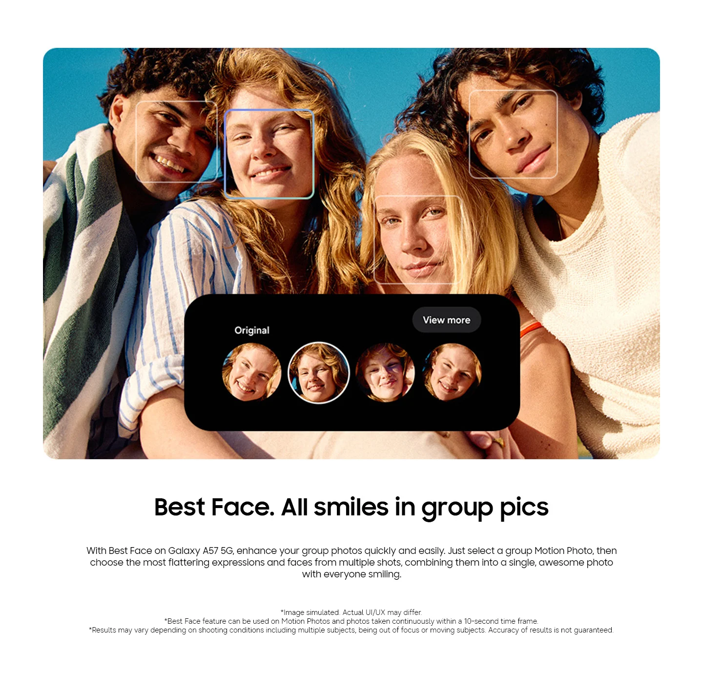 A photo being edited to choose the most flattering expressions and faces from multiple shots, combining them into a single photo with Motion Photo.