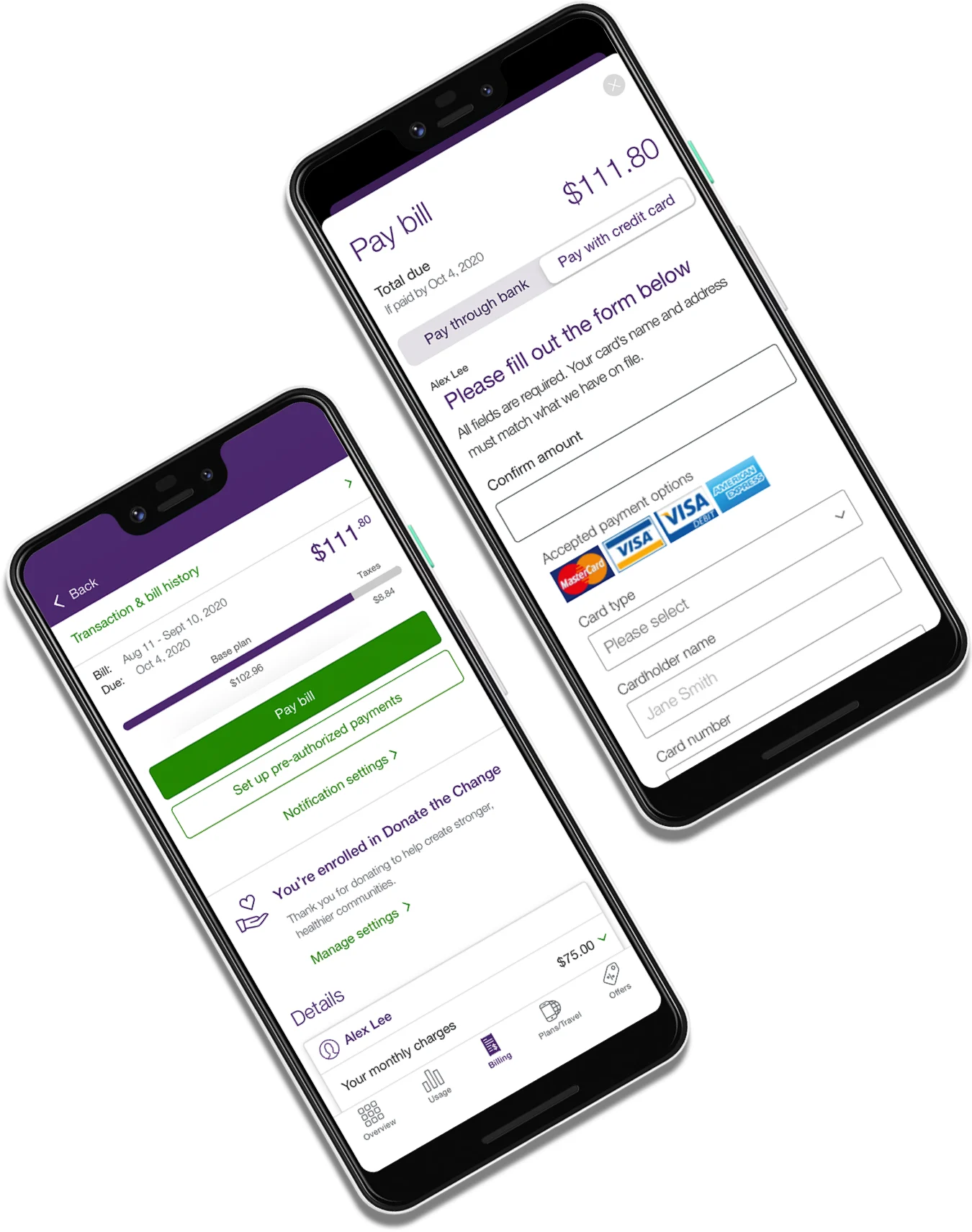 Two smartphones with the My TELUS app open. The first screen displays an account’s bill history and the second screen displays a payment form.