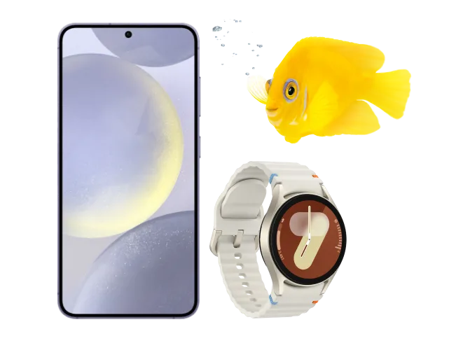 Un poisson jaune face au Samsung Galaxy S24 et à la montre Watch7.