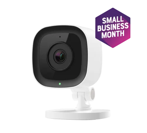 Security camera for TELUS Secure Business. A roundel reads "Small Business Month".