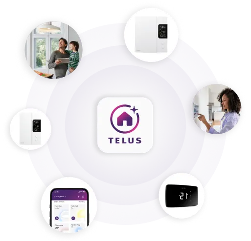 A TELUS SmartHome+ logo surrounded by circular images of smart devices and customers using their SmartHome+ services.