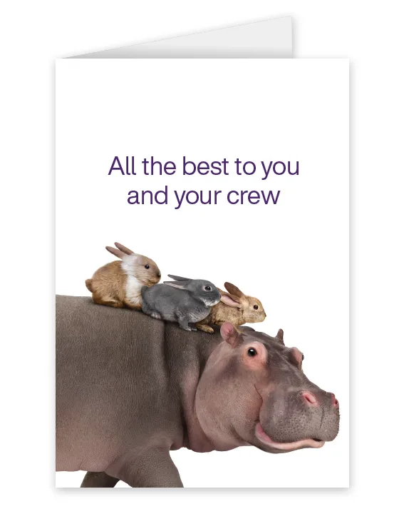 A card featuring a hippo with three bunnies on its back that says: All the best to you and your crew