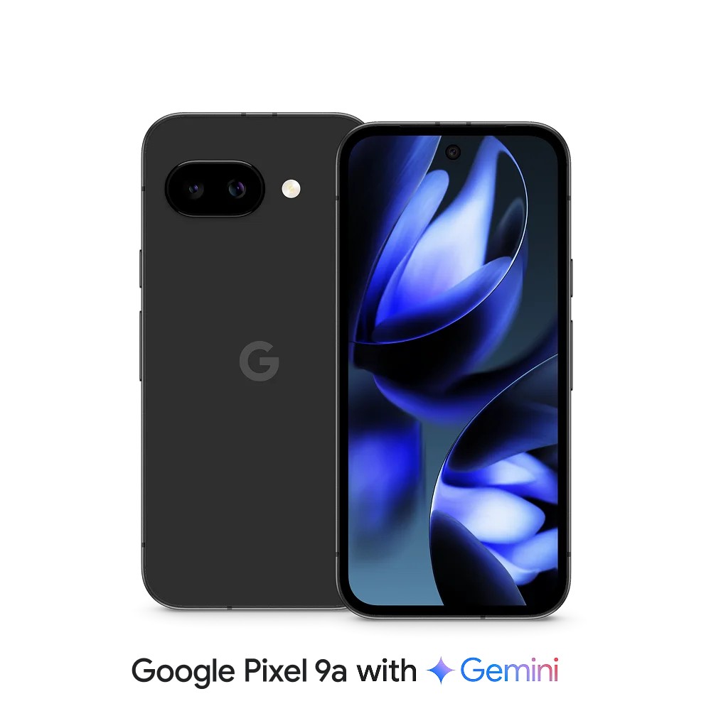 Front and back view of Google Pixel 9a.
