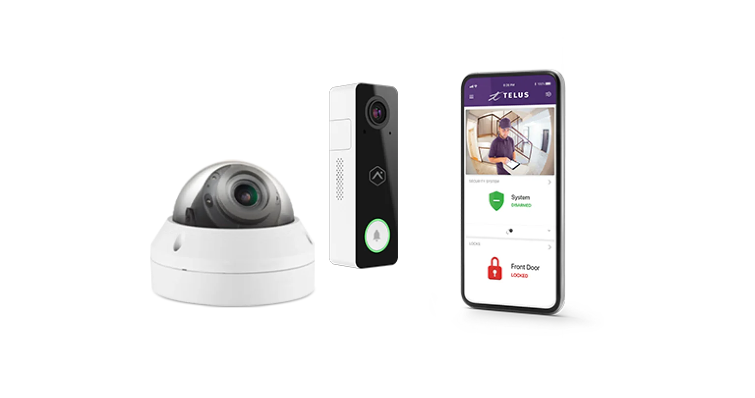 TELUS security cameras and a smartphone showing the SmartHome Security app.