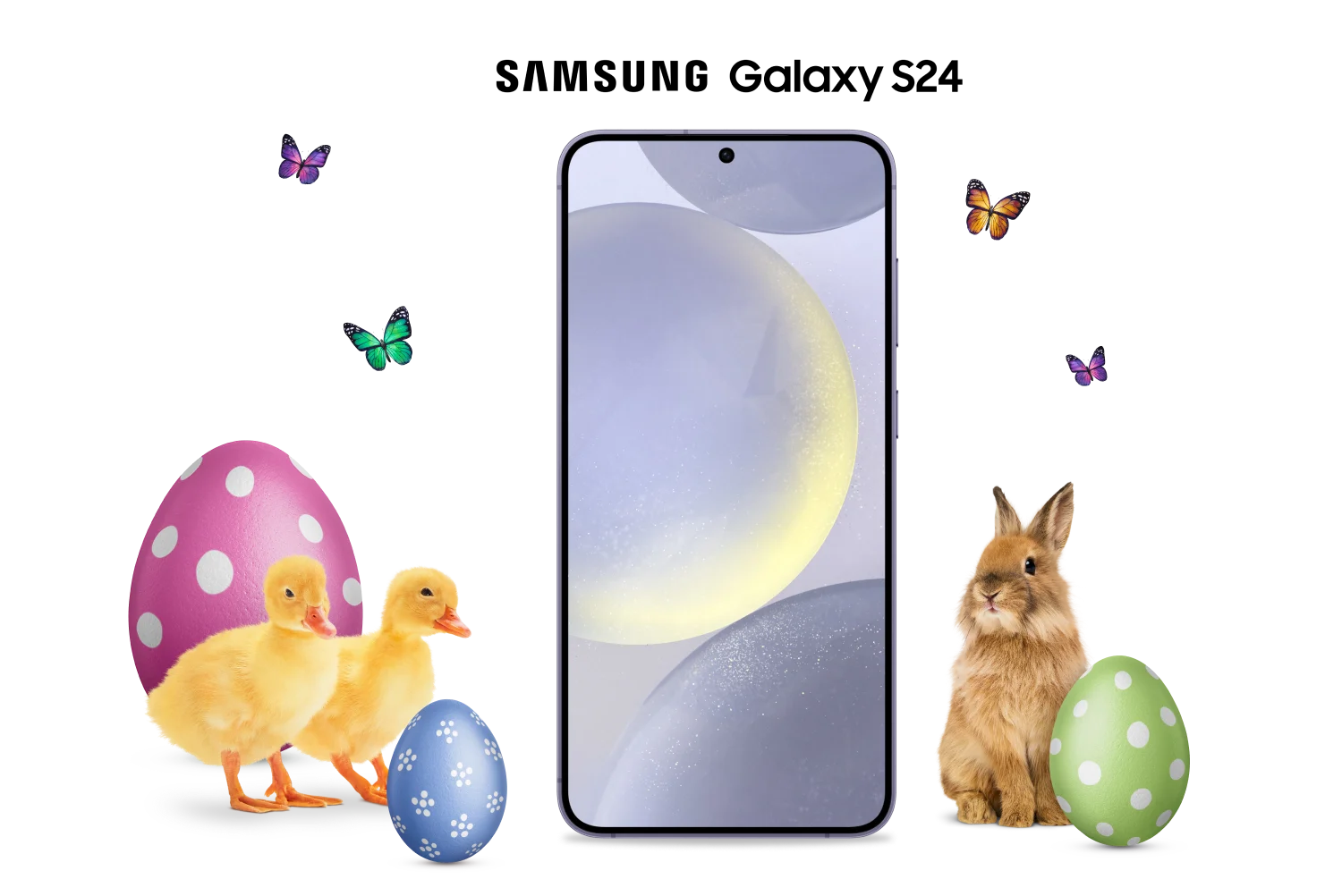 Le Samsung Galaxy S24 en Violet Cobalt est entouré d’œufs de Pâques colorés, de papillons qui virevoltent, de deux canetons à gauche et d’un lapin à droite.