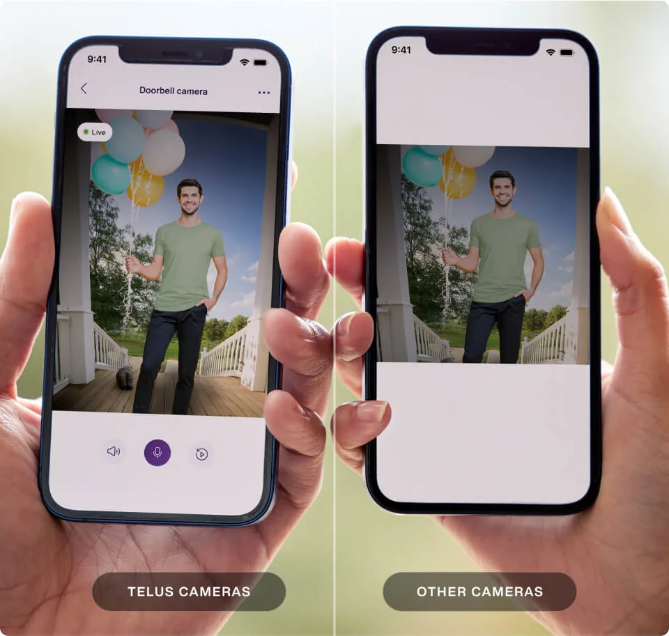 One hand holds up a view from a TELUS Doorbell Camera with a full image featuring a 3:4 aspect ratio. Compared with other camera showing footage that is cropped and not showing the full picture. 