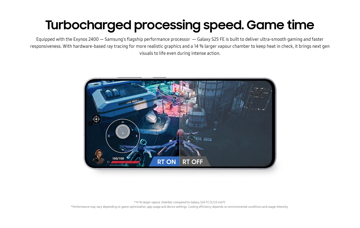 Experience superior gaming on the Samsung Galaxy S25 FE. Its Exynos 2400 processor, larger vapor chamber, and hardware-based ray tracing (with RT ON/OFF comparison) deliver enhanced graphics and thermal management.