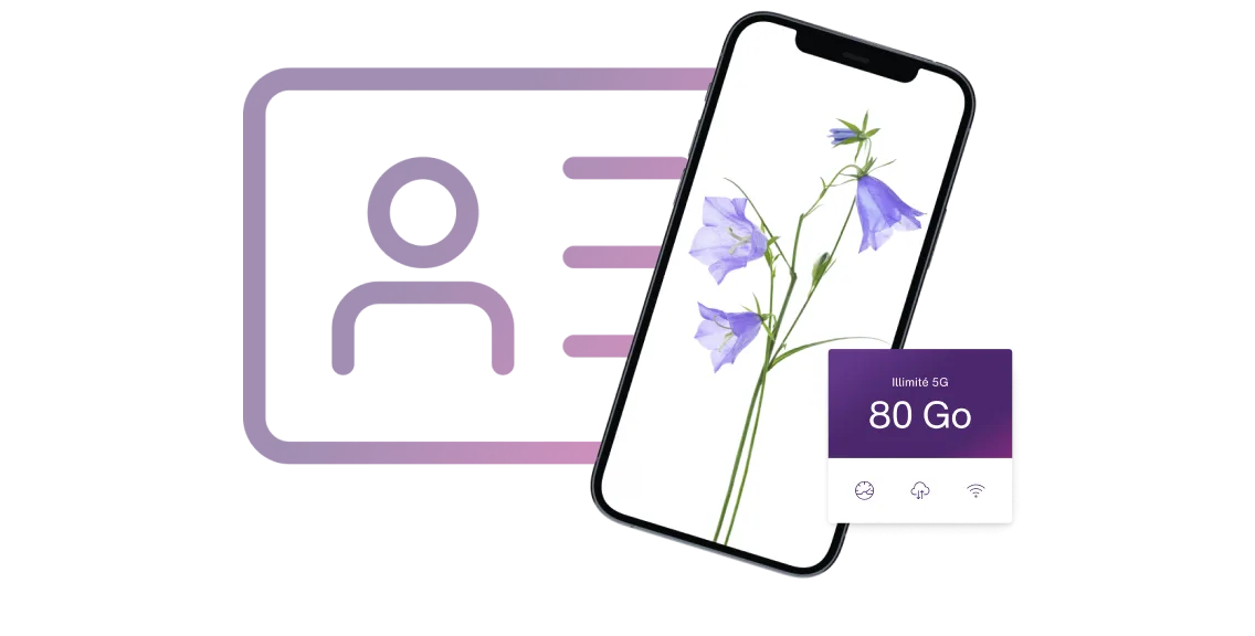 Cell phone with image of flower and an icon representing an identification card. Text reads: unlimited 5G. 80 GB