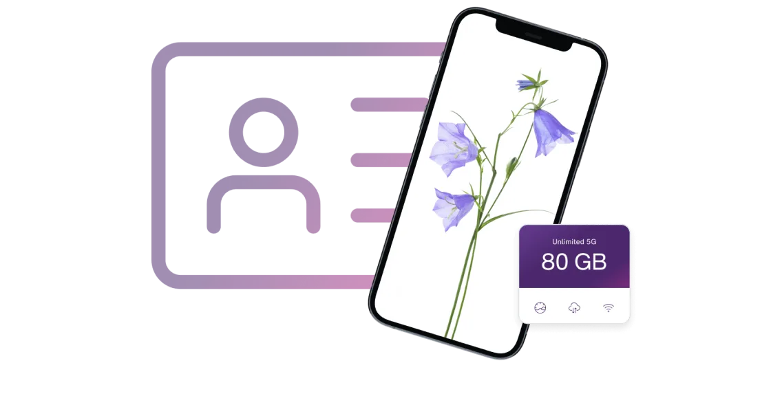 Cell phone with image of flower and an icon representing an identification card. Text reads: unlimited 5G. 80 GB
