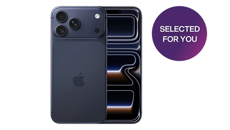 Front and back view of iPhone 17 Pro in Deep Blue. Roundel on the right reads “Selected for you”.