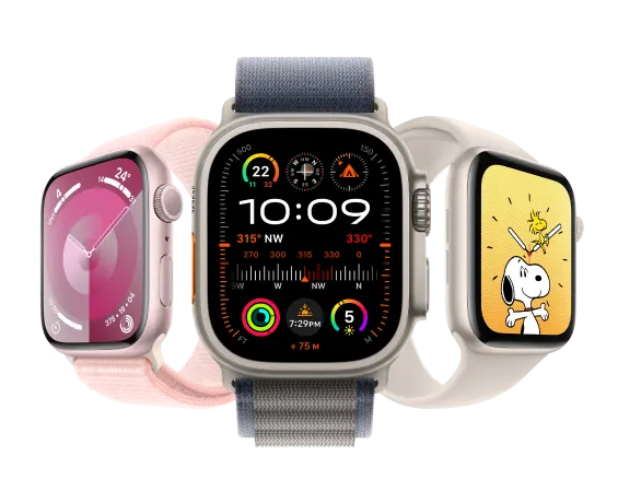 Trois montres Apple Watch dans une variété de couleurs.
