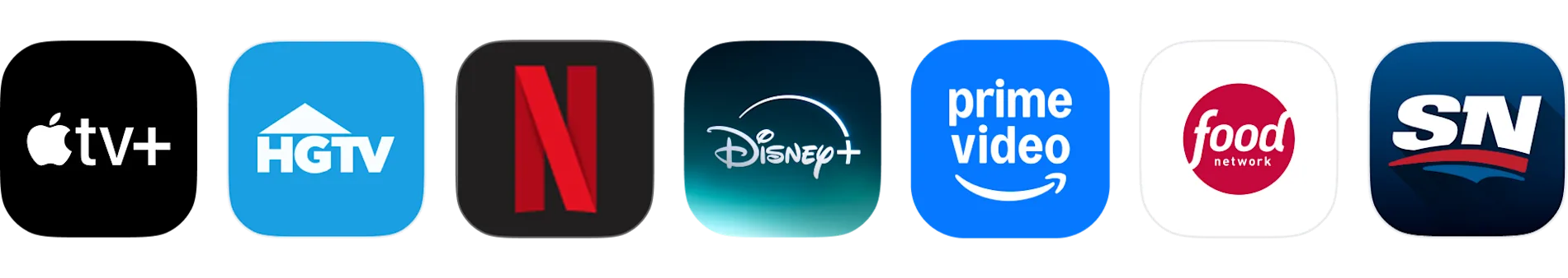 Logos for Apple TV+, HGTV, Netflix, Disney+, Prime Video, Food Network and Sportsnet
