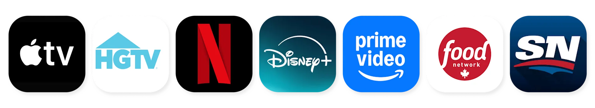 Logos for Apple TV+, HGTV, Netflix, Disney+, Prime Video, Food Network and Sportsnet