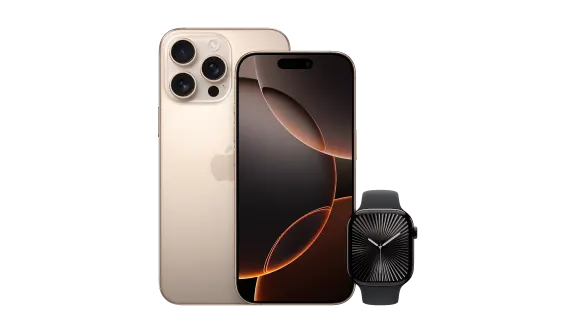 La vue arrière de l’iPhone 16 Pro Max émerge de derrière la vue de face de l’iPhone 16 Pro. Légèrement à gauche se trouve l’Apple Watch Series 10.