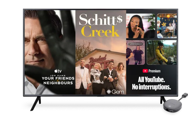 A TV screen displaying the poster for Your Friends and Neighbours, Schitts Creek and Youtube Premium.
