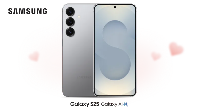 Front and back view of the Samsung Galaxy S25.