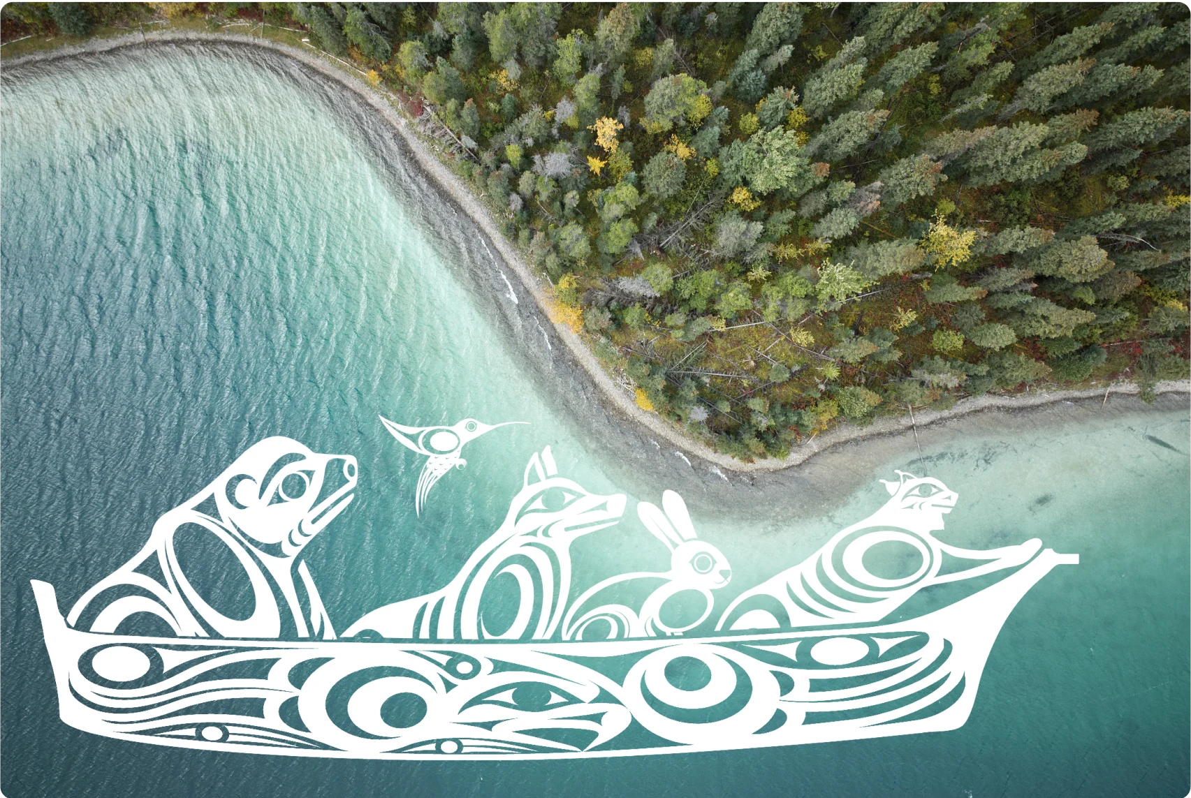 Indigenous artwork superimposed over an aerial view photo of Muncho Lake, B.C.
