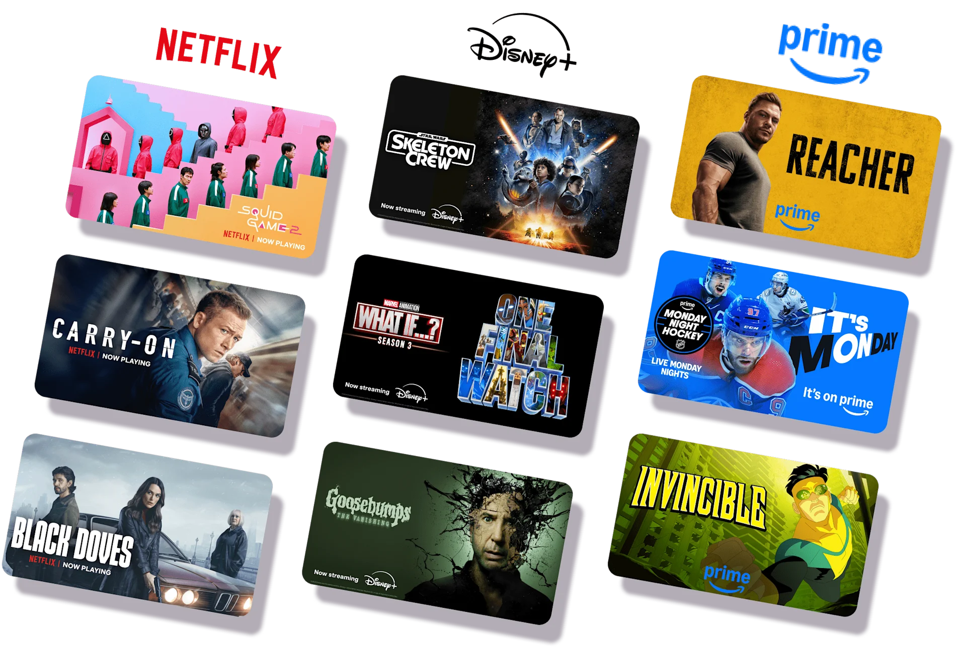 Multiple posters for popular Netflix, Disney+ and Prime Video streaming shows